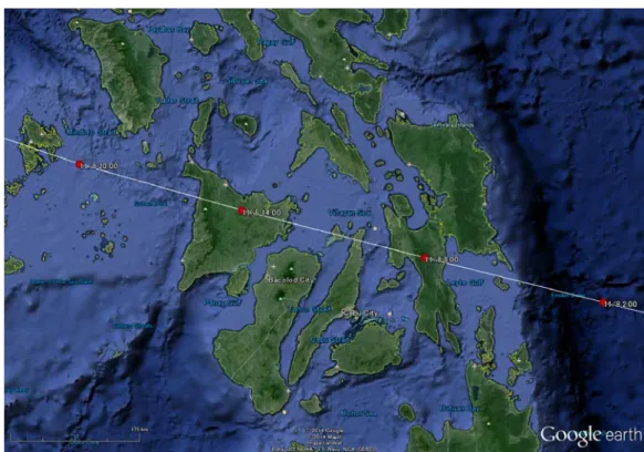 Fig. 2-1. Track of Haiyan shown by white line and red circles (Google earth). The time indicating along the track is  based on the Philippines local time (UTC + 8 hrs)