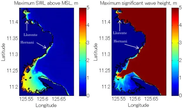 Fig. 5-34.    Water level (above MSL) landward of the seawall in Hernani, as simulated by phase-resolving wave  and storm surge models
