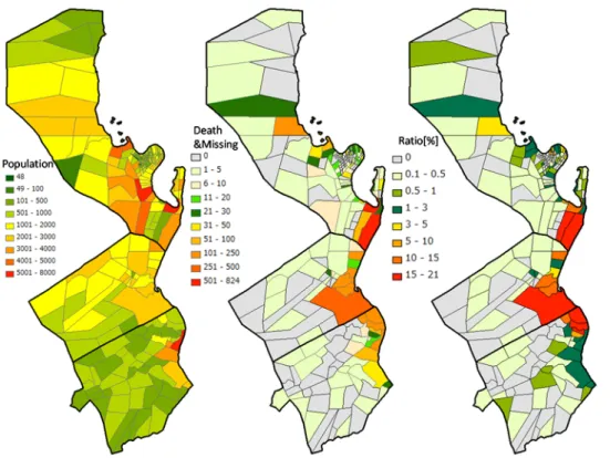 Fig. 2-7. Population (left), number of deaths and missing people (middle) due to Haiyan and fatality ratio [%] 