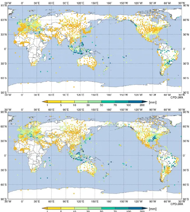 Figure 4.1.1. Weekly rainfall [mm/7days] (JMA) over the globe (Upper figure: 02/1/2013  - 08/1/2013 and Lower figure: 09/1/2013 - 16/1/2013) 