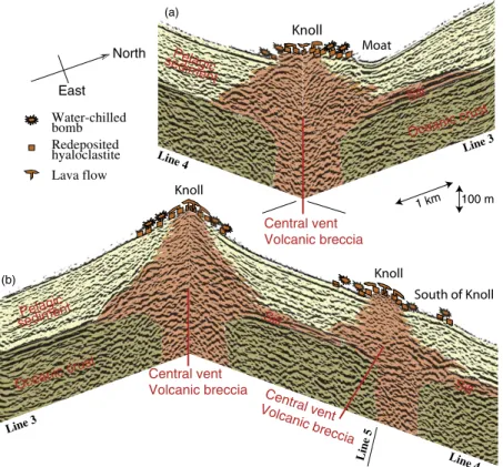 Figure 4. Three-dimensional view of Line-3 and Line-4 (see Figure 2 for the location) and implication of subsurface structure of the ‘‘petit-spot’’ volcanoes combined with submersible observation