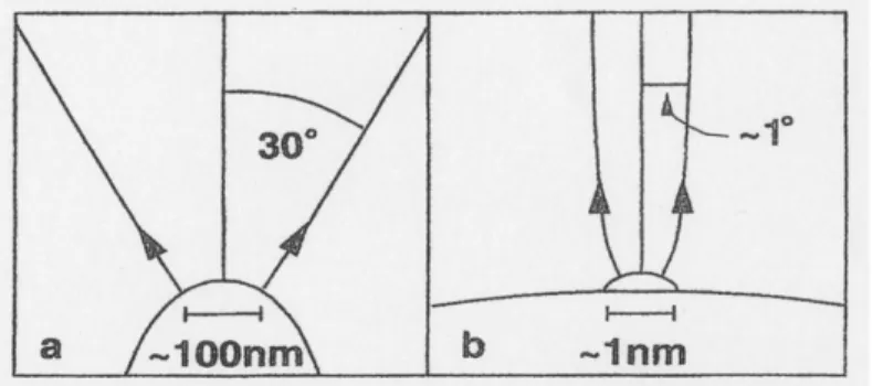 図 2-11    GFIS エミッタの形状モデル   ((a) 標準的なエミッタ形状 , (b) 理想形状 [5] .) 