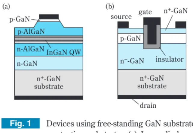 Fig. 1 Devices using free-standing GaN substrates  as starting substrates (a) Laser diode and  (b) Vertical metal-insulator-semiconductor  transistor n – -GaNp-GaN n + -GaNn+-GaNsubstraten+-GaNsubstrateinsulatorgatesourcedrainn-GaNn-AlGaNp-AlGaNp-GaNInGaN 