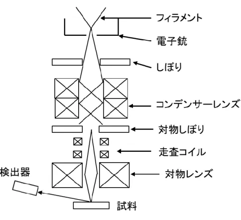 図 3.8 SEM 装置の概略図 3-4-3   透過型電子顕微鏡 (TEM) による観察  原理   透過型電子顕微鏡像 (TEM) の基本原理は光学顕微鏡と同じである。光学顕微鏡 像における「光」の代わりに「電子」を， 「光学レンズ」の代わりに「磁場レン ズ」を用いている。 TEM の特徴は，薄膜試料に電子線を透過させ，その際に試 料中で原子により散乱，回折された電子を透過電顕像として得ることにより， 主に物質の内部構造を観察できることである。 TEM の構成を図 3.9 に示す。電 子銃で発生させた電