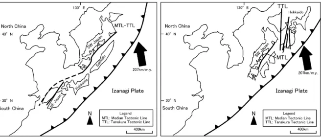 図 2   先行研究による前期白亜紀の古地理復元図。左図は Takashima et al. (2006) 、右図は Otsuki (1992) を簡略化したもの。