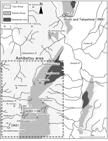 Fig. 3    Geological map around Ashibetsu area with  paleomagnetic sampling points. Star denotes  a previous paleomagnetic study (Hoshi and  Takashima, 1999)