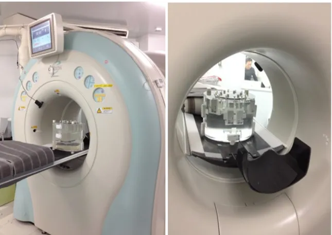 Fig. 3 Positioning of D-shuttle dosimeters and NEMA body phantom imaging set up as performed in this PET study.