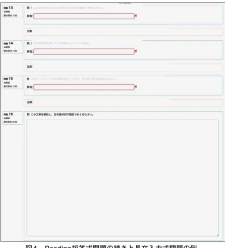 図 3 の短答式問題の入力画面に続き、複数の問題と、最後に長文解答式となる要約課題を設定した （図4 ）。 図 4 ．Reading 短答式問題の続きと長文入力式問題の例． 長文を読んでその内容を要約する問題では、模範解答は設定せず、評価のポイントのみフィードバッ クコメント記載欄に記載することとした。そのうえで教員が改めて解答を全て読んで採点を行った。図 4 が問題形式の例であるが、図 3 に続いて 1 ページに提示される形式となるため、受験者は頻繁に画面 をスクロールする必要があり、余計に手間取ったとう