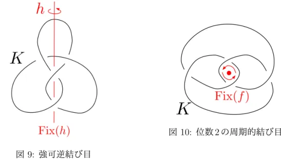 図 9: 強可逆結び目 図 10: 位数 2 の周期的結び目 注意 2.5. Smith 予想の肯定的解決 [10] により， h, f は標準的な回転と同値であること が示されている． 2.2