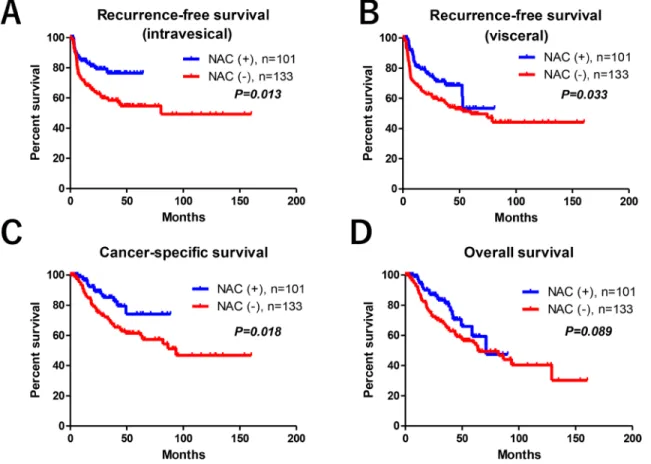 Figure 2: Oncological outcomes.  There were statistically significant differences in the intravesical RFS (A), visceral RFS (B), CSS  (C), but not in OS (D) between the two groups.