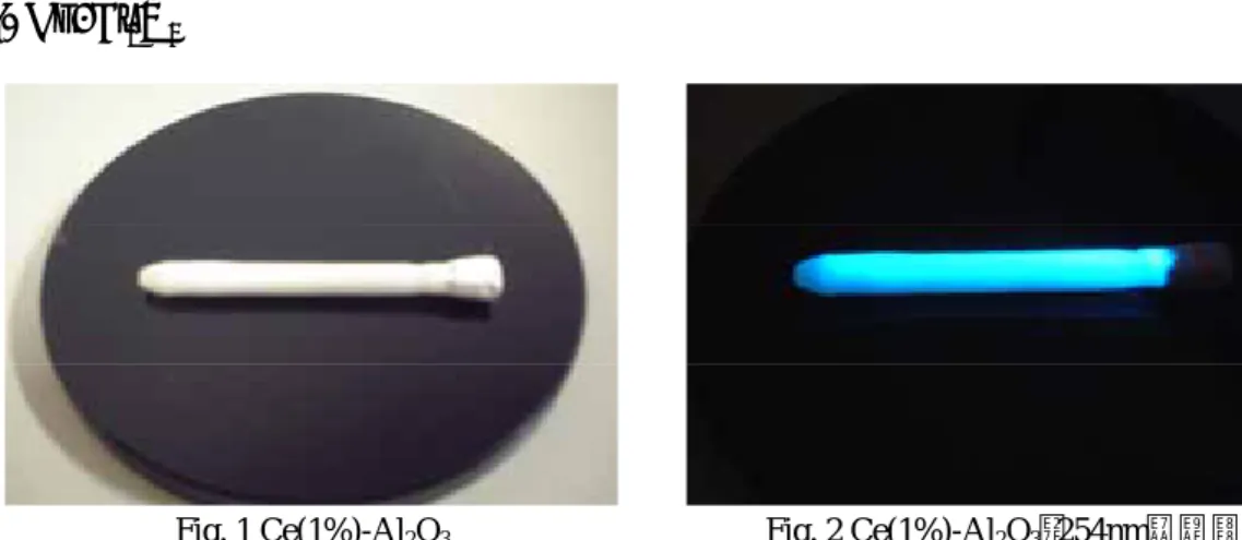 Fig.  1 は Ce(1%)-Al 2 O 3 多結晶体試料の写真で、均一な試料である。この試料に波 長 254nm の紫外線を照射すると、Fig.  2 のように青色発光を示す。Fig