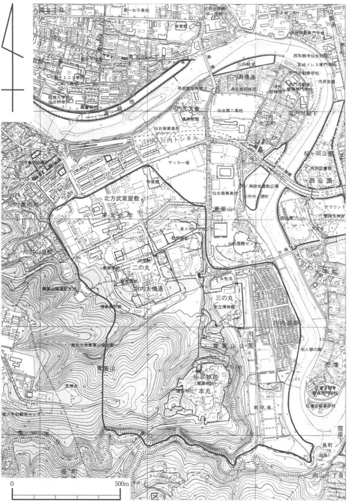 図 2  仙 台城 と二の丸の位 置 Fig 2  Distribution of Sendai Castle