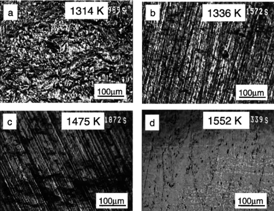 Fig. 8 Surface observation by Confocal Scanning Laser Microscope. (a) Pt50Ti at 1314 K, (b) Pt12.5Ir50Ti at 1336 K, (c) Pt 25ir50Ti at 1475 K, and (d) Pt37.5Ir50Ti at 1552 K.
