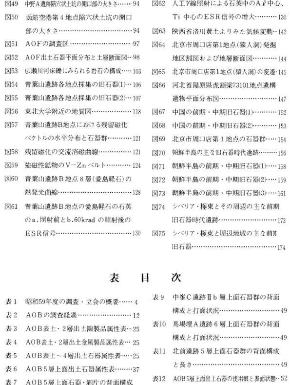 図 49  中野A遺跡陥穴状土坑の開口部の大きさ………94 図 50  函館空港 第 4地 点 陥穴状 土坑 の開口 部 の大 きさ。 … ………… ……………・。 94 図 51 AOFの 調査 区 …………… …………。 197 図 52 AOF出 土石器平面分布 と土層断面図…98 図 53  広瀬川河床礫 にみられる岩石の構成・…・ lo3 図 54  青葉 山遺跡 各地 点採 集 の 旧石 器 (1〉 … 106 図 55  青葉 山遺跡各 地 点採集 の旧石 器 (2)… lo7 図 56  東