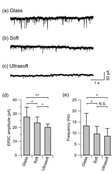 Fig.  3.  Effects  of  elastic  modulus  on  sEPSC.  (a–c)  Representative  recordings  of  spontaneous 425 