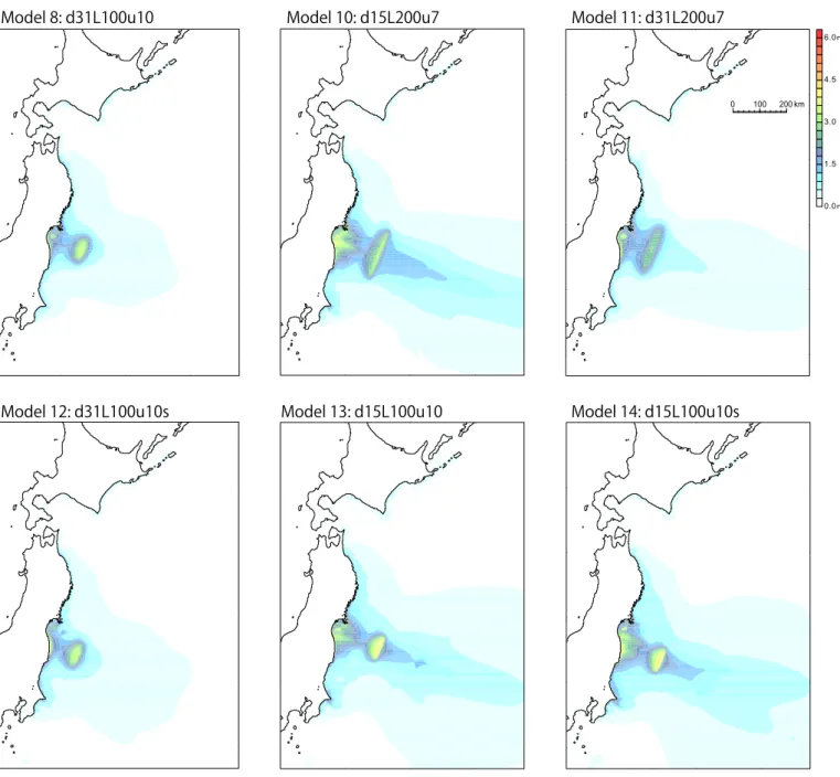 Fig. 5. Maximum sea surface displacements for each model.