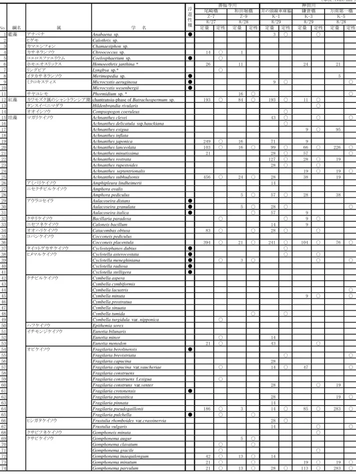 表 III-26(3)  付着藻類の地点別出現状況（8 月)  （単位：cells/mm 2 ） 善福寺川 神田川 尾崎橋 和田堀橋 鎌倉橋 方南第一橋 Z-7 Z-9 K-1 K-3 K-5 8/27 8/28 8/29 8/29 8/28 定量 定性 定量 定性 定量 定性 定量 定性 定量 定性 1 藍藻 アナベナ Anabaena  sp