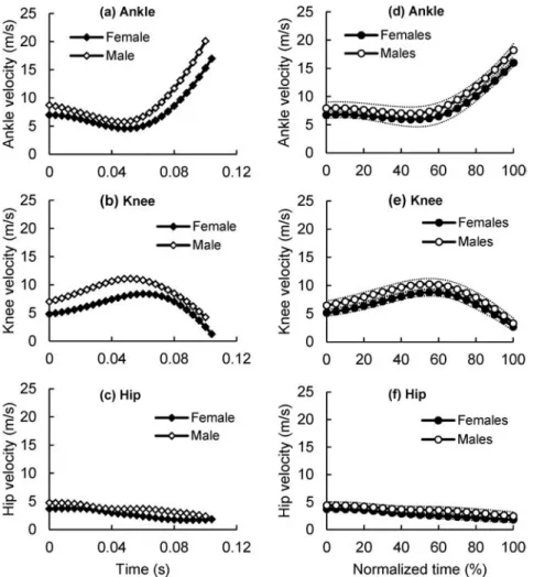 Figure 7. Plots a, b, and c represent typical/standard values for joint horizontal velocities of the kicking leg for female and male players (a＝ankle velocity, b＝knee velocity, c＝hip velocity)