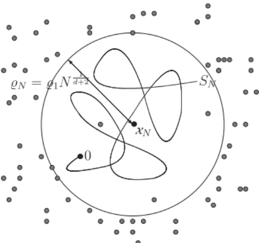 Figure 1: Confinement property の描像.この図はやや不正確であり,実際には球の内部の ほとんどの点は  N/N^{\frac{d}{d+2}}=N^{\frac{2}{d+2}} 回  \langle らい訪問されている.