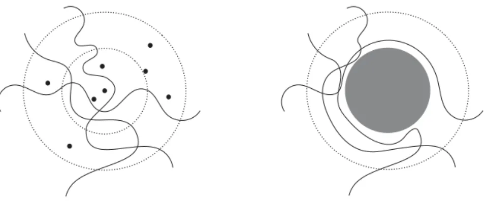 Figure 3: Case 2.2の “操作’ を行う前 (左) と後 (右) の描像.円環領域の obstacles を除 去するのにもランダムウォークの路を変形するのにもcost がかかるが,どちらも数が少ない ので大きくはない.一方で中心付近を典型的な配置にすると (元が 「低密度  = 大偏差」 だっ たから) 非常に大きなgain を得る.
