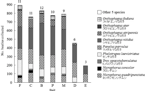 Fig. 4. 各種脊椎動物をベイトにした埋め込み式トラップによる各回収日における各腐肉食性甲虫グループ・種の全捕獲 数対するトラップ毎の捕獲割合平均値（％）