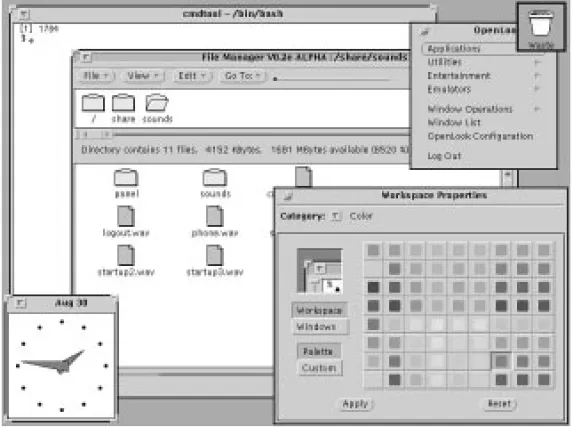図 13 - 1 OpenWindows （ Linux の世界では XView と呼ばれる）デスクトップ環境は、リソースの消費が少なく、多くのア プリケーションがそろっている。外観も快適な 3 次元表示が使われている。