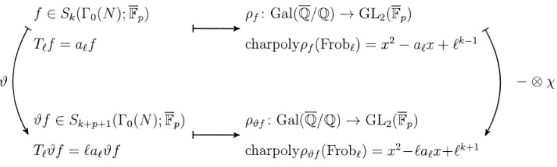 Figure 1: The relation between the theta operator on modular forms and tensoring by the cyclotomic character on Galois representations