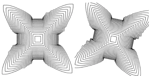 Figure 1: The evolution of a single square crystal of initial side length 0.05 growing with  \alpha=5\cross 10^{-7} , plotted at 2 second intervals aligned with the mesh (left) and rotated by 0.2 radians (right).