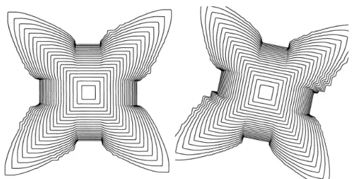 Figure 1: The evolution of a single square crystal of initial side length 0.05 growing with  \alpha=5\cross 10^{-7} , plotted at 2 second intervals aligned with the mesh (left) and rotated by 0.2 radians (right).
