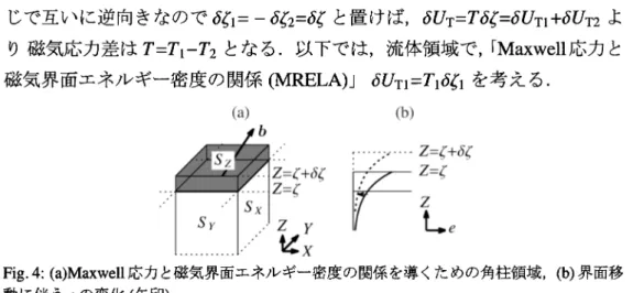Fig. 4: (a)Maxwell 応力と磁気界面エネルギー密度の関係を導くための角柱領域,(b) 界面移
