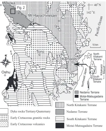 Fig. 1  Index map showing the location of the Nedamo Terrane  (simpliﬁed from Kawamura et al., 1996).