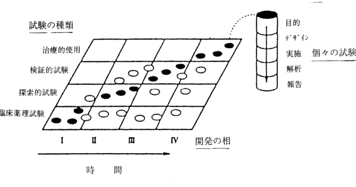 図  10    開発の相と試験の種類の相互関係  このマトリックス・グラフは、開発の相と、新薬の臨床開発に際し実施されるであろう試験の目的 別の種類との関係を現わしている。黒マルはある開発の相で最も一般的に実施される試験の種類を 示し、白マルはその相で実施されることが比較的まれな試験の種類を示している。マルがそれぞれ ひとつの試験を現わし、ひとつのマルはその試験で実施される項目と順番を示した円柱で構成され る。 