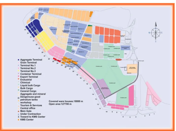 図 5- 4 Imma Khoemeini 港配置図  出所:http://www.kavehlogistics.com/kavehlogistics_content/media/image/2010/07/372_orig.jpg  5.2.3  Bushehr  港  Bushehr  港は 50 ヘクタールの土地にありバースは 7 つあり、総長 1193 メートル。コン テナ取扱量は年間 30000TEU。  なお、Bushehr  では、港湾の面積が足りないので、対岸の Negin 島に新たなターミ