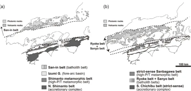 Fig. 6　 Spatial distribution of orogenic belts in Chugoku, Shikoku and Kii regions （refer to Ishihara, 1971; Murakami,  1979; Isozaki and Maruyama, 1991; Otoh et al., 2010）