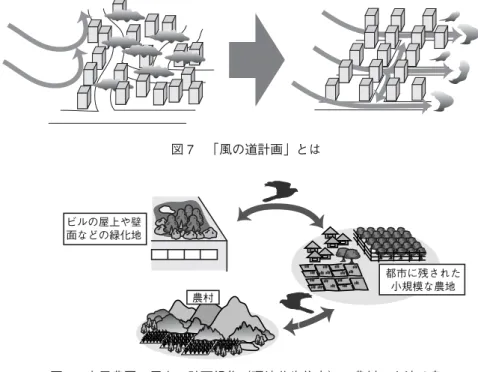 図 7 に示す「風の道計画」 （The  Wind  Channel）とは，大気汚染問題の解消を目的とし，ド イツのシュツットガルト市が策定した，風を利用して汚染，気温，湿度を制御しようとする試 みである．シュツットガルト市はすり鉢状の形状を呈し，この地形が自動車の排ガスや夏季の 暑熱を滞留させるという問題を抱えていた．そのため，大気の流れを都市計画により制御し， 都市上空に滞留する汚染大気を一掃させようとする計画である． 都市の環境負荷を低減させるためには，土地の高度有効利用が不可欠な要素となる．例えば，