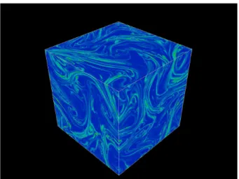 Figure 5: Run \mathrm{D}4 における最終時刻のポリマーストレスのトレース場の可視化図.計算領域 の各面におけるコンター図を示しており,明るい領域ほど大きな値を示す