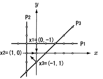 図 2: 2 次元の場合に，ぴ凸集合君， $P_{2}$ , $P_{3}$ は 3 本の直線上の整数点集合である．