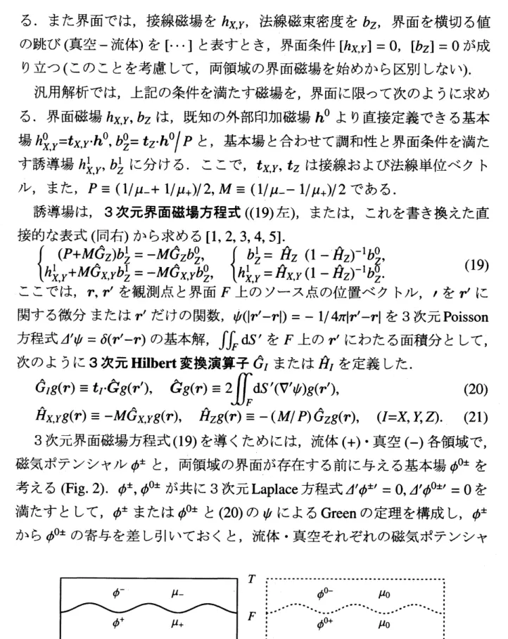 Fig. 2: 流体 ( $+$ ) . 真空 各領域の磁気ポテンシャル $\phi\pm$ ( 左 ) とそれらの基本場 $\phi$ 0 $\pm$ ( 右 ).