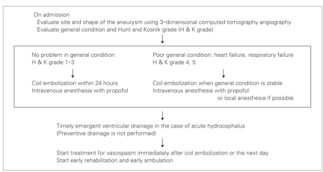 Fig. 1  Strategy of coil embolization for ruptured cerebral aneurysm in patients over 80 years old.
