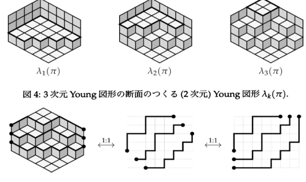 図 4: 3 次元 Young 図形の断面のつくる (2 次元) Young 図形 $\lambda_{k}(\pi)$ .