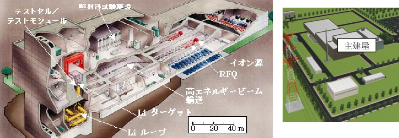 Fig. 6 IFMIF の全体予想図（左：主建屋、右：関連施設含む施設全体） 