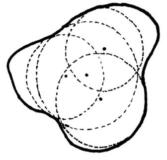 図 1: 黒丸は球の中心の位置をあらわす．