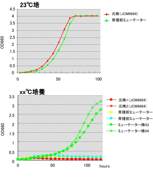 図 3-2  xx℃耐性株の取得  23℃（上），xx℃(下)での増殖曲線を示した  （上）元株 JCM9684 および育種前ミュ ーテーター共に 23℃下培養では良好に増殖した．（下）元株 JCM9684 および育種 前ミューテーター共に xx℃下培養ではまったく増殖できなかった．高温度耐性を付 与したミューテーター株 03 および 04 は，xx℃下においても良好に増殖した． 00.511.522.533.5050100hoursOD66000.511.522.533.544.5 元株（JCM9684)