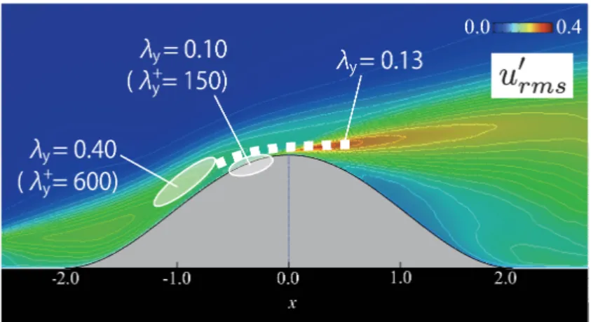 Figure 11: Schematic of coherent structures and their scales around a $2D$ hump. 4 乱流構造の制御 ここでは，非制御時に $x=-0.3$ 付近で見られる壁近傍の乱流構造の生成を促す制御入力として， スパン方向間隔 $\lambda_{y}=0.1$ の波長をもつ正弦波を，壁近鋳体積力によって誘起することを考える． 瞬時の壁近傍の流れ方向速度分布について，非制御時と正弦波を誘起する制御時を示した可視化画 像を図 12 に示す．