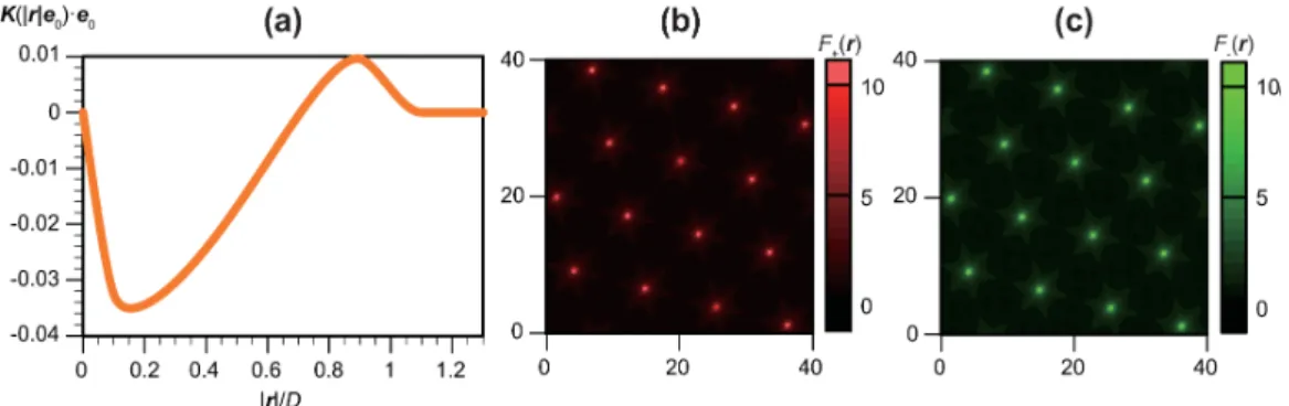 図 2: 六角格子形成に対する連続場記述．図中のパラメータは $l=1,$ $D=10,$ $\alpha=0.05,$ $\rho_{0}=2,$ $\tau=8.5.$ $(a)$