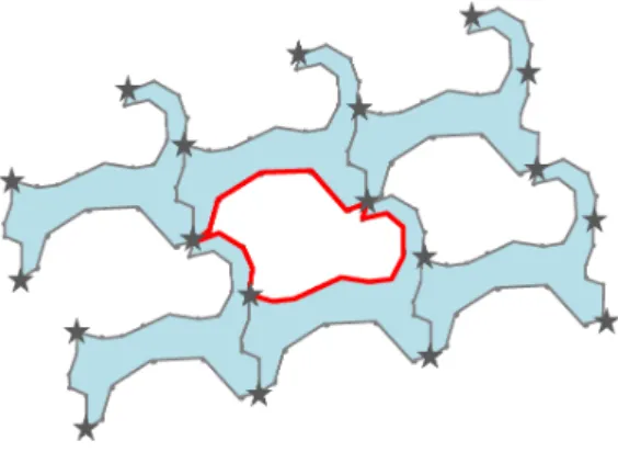 図 20: パターン 2 の並べ方 そして，この図形に対しても，タイリング頂点に対応する点を選ぶ．ただし，この時点で，各辺 上の点の数は決まっているので， 1 か所決めれば，他は自動的に決まる．そして，パターン 2 と同 じように，丸印の辺に対応する 2 辺について，対応する点の中点を取っていくことで辺を 1 つ作 り，それをすでに形が決まっている部分に，適切な拡大縮小回転を施したうえで接合する．以上 より，図 22 のように隙間の図形を決定することができる．このパターンでは，データベースから 呼び出される