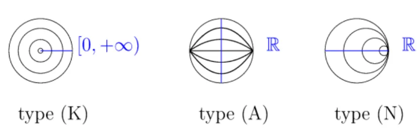 FIGURE 1. The orbits and the orbit spaces of actions on $\mathbb{R}H^{2}$