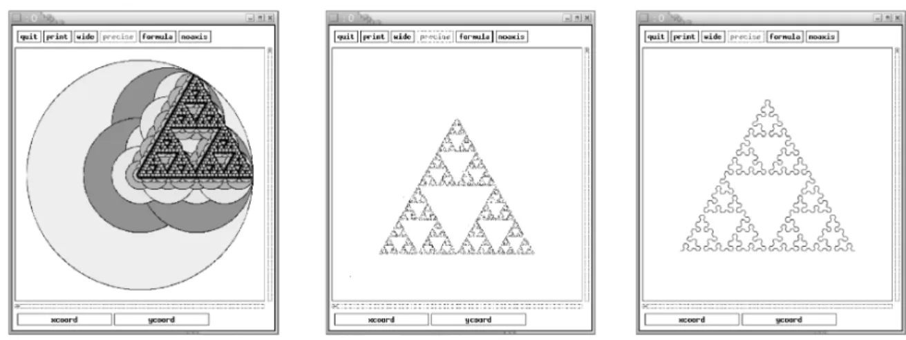 図 1: 族 $\{S_{1}(z)=\frac{z}{2}+\frac{1+\sqrt{3}i}{4}, S_{2}(z)=\frac{z}{2}, S_{3}(z)=\frac{z}{2}+\frac{1}{2}\}$ が定めるアトラクタ ( シエルピンスキーガスケッ ト $)$ の描画例 : レベルセット法 ( 左 ) 、 点列の計算による方法 ( 中 ) 、 ジェネレータを使う方法 ( 右 ) 。