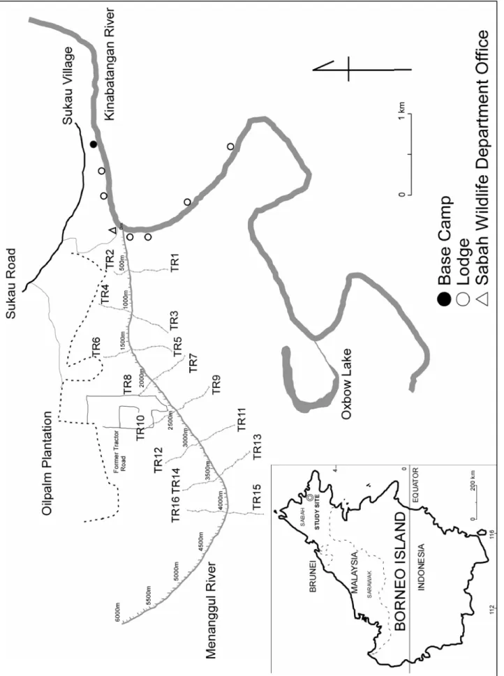 Fig. 1  Study area in Sabah, Malaysia. TR 1 –16: Trail code