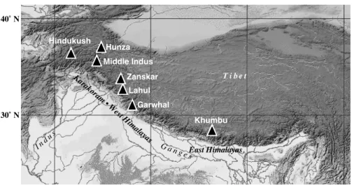 Figure  1.1        Locations  of  the  Himalayan  massifs  with  recent  studies  on  timing  of  glaciations, which are listed in Figure 1.2 